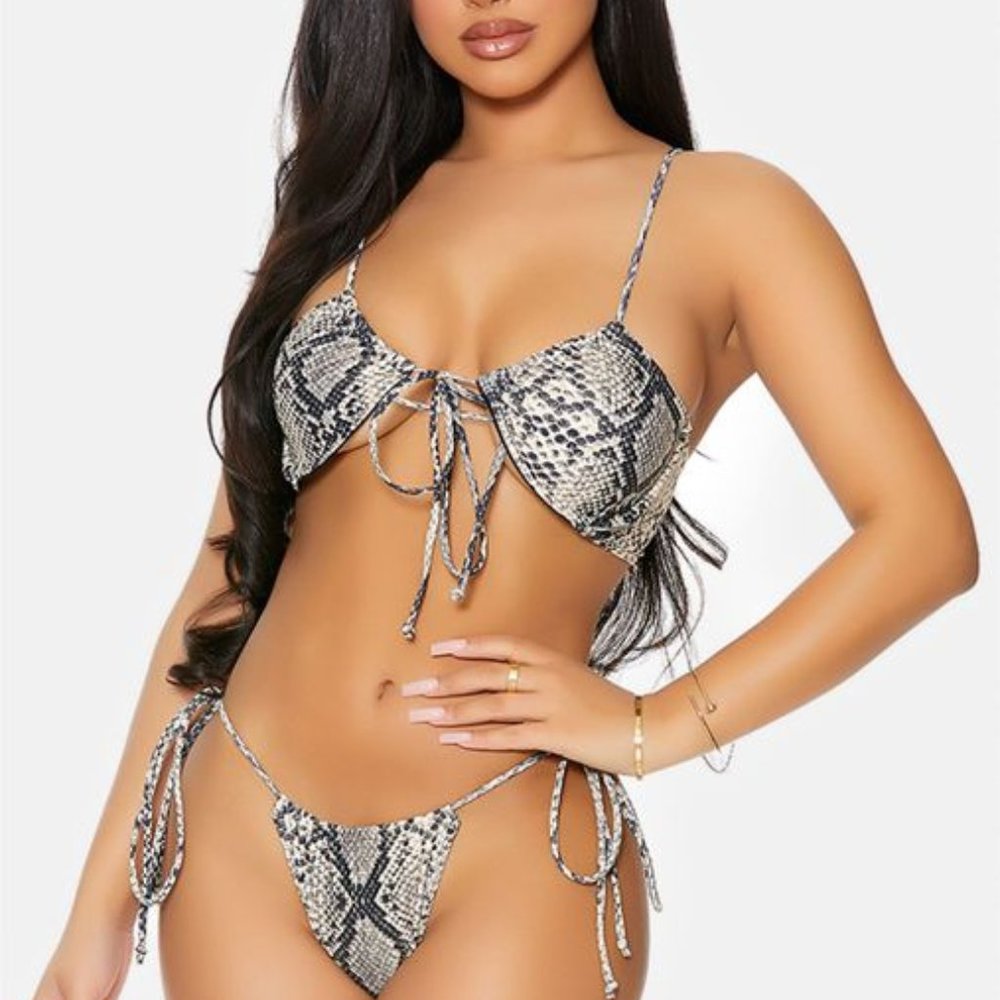Women's Animal Print Underwire Tie Top Tie Side Thong Bottom 2 Pc Bikini Set